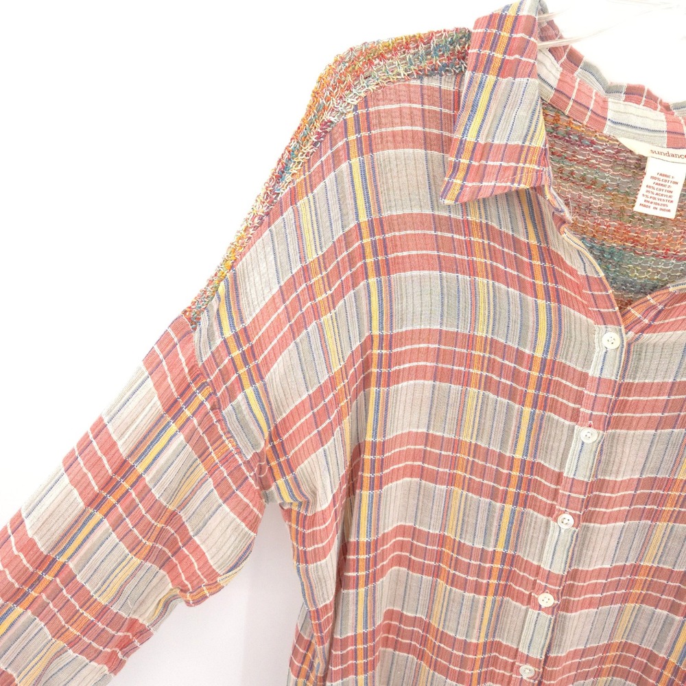Sundance Painted Desert plaid Button Down Shirt Womens 12 Mixed Media Crochet - Picture 5 of 9